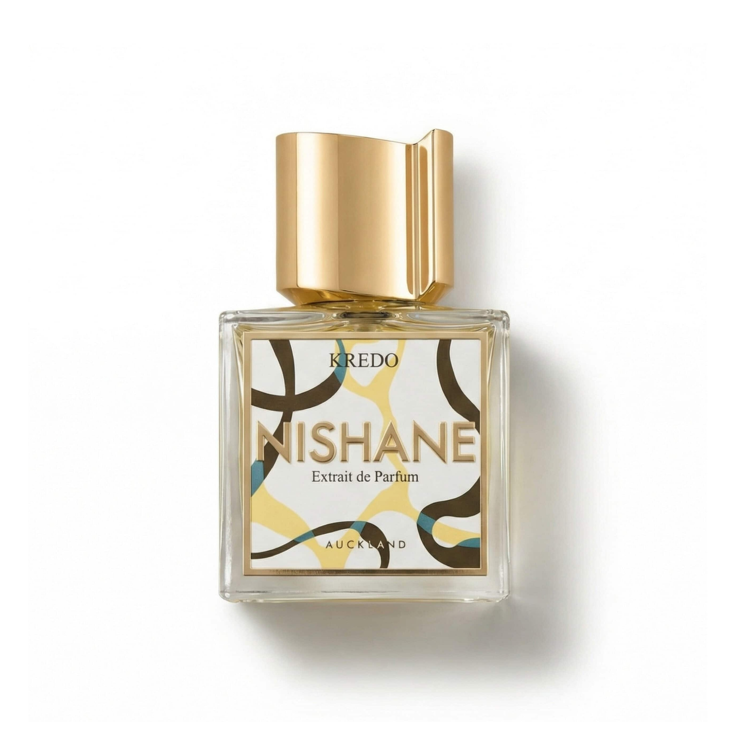 Bottle of Nishane Kredo Parfum fragrance on a white background with soft shadow