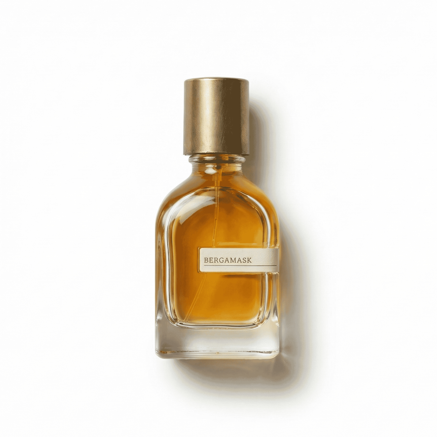 Bottle of Orto Parisi Bergamask Extrait fragrance on a white background with soft shadow