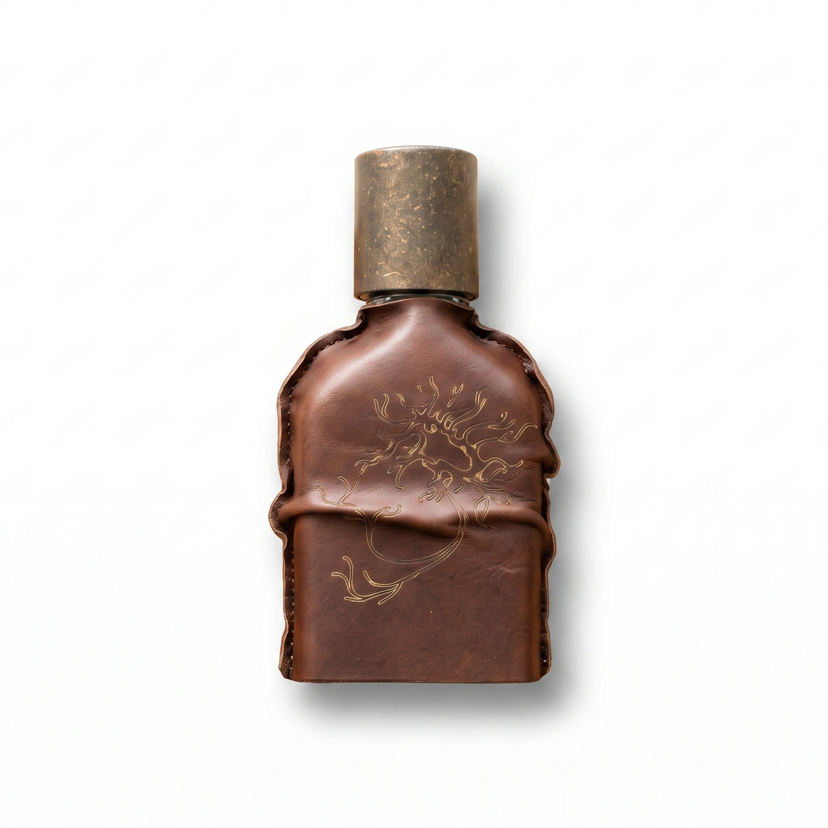 Bottle of Orto Parisi Cuoium Parfum fragrance on a white background with soft shadow
