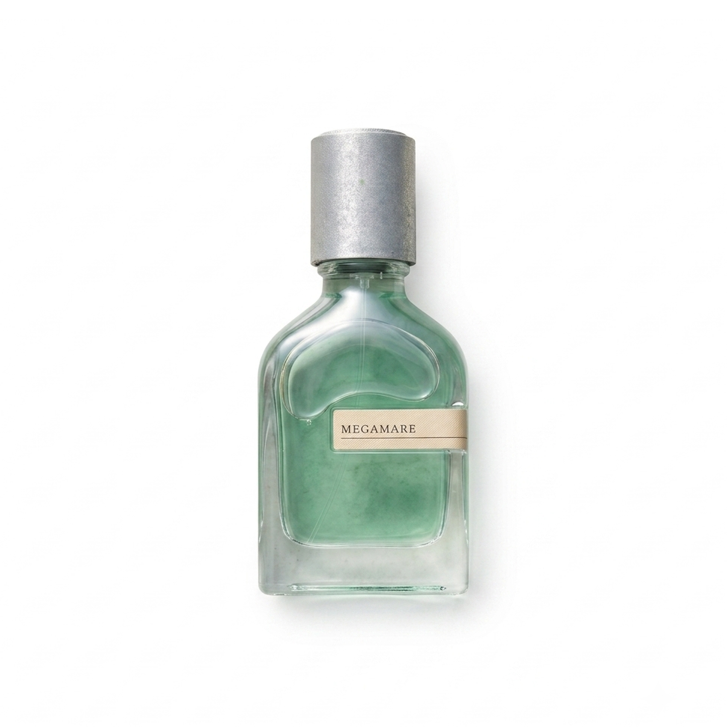 Bottle of Orto Parisi Megamare Parfum fragrance on a white background with soft shadow