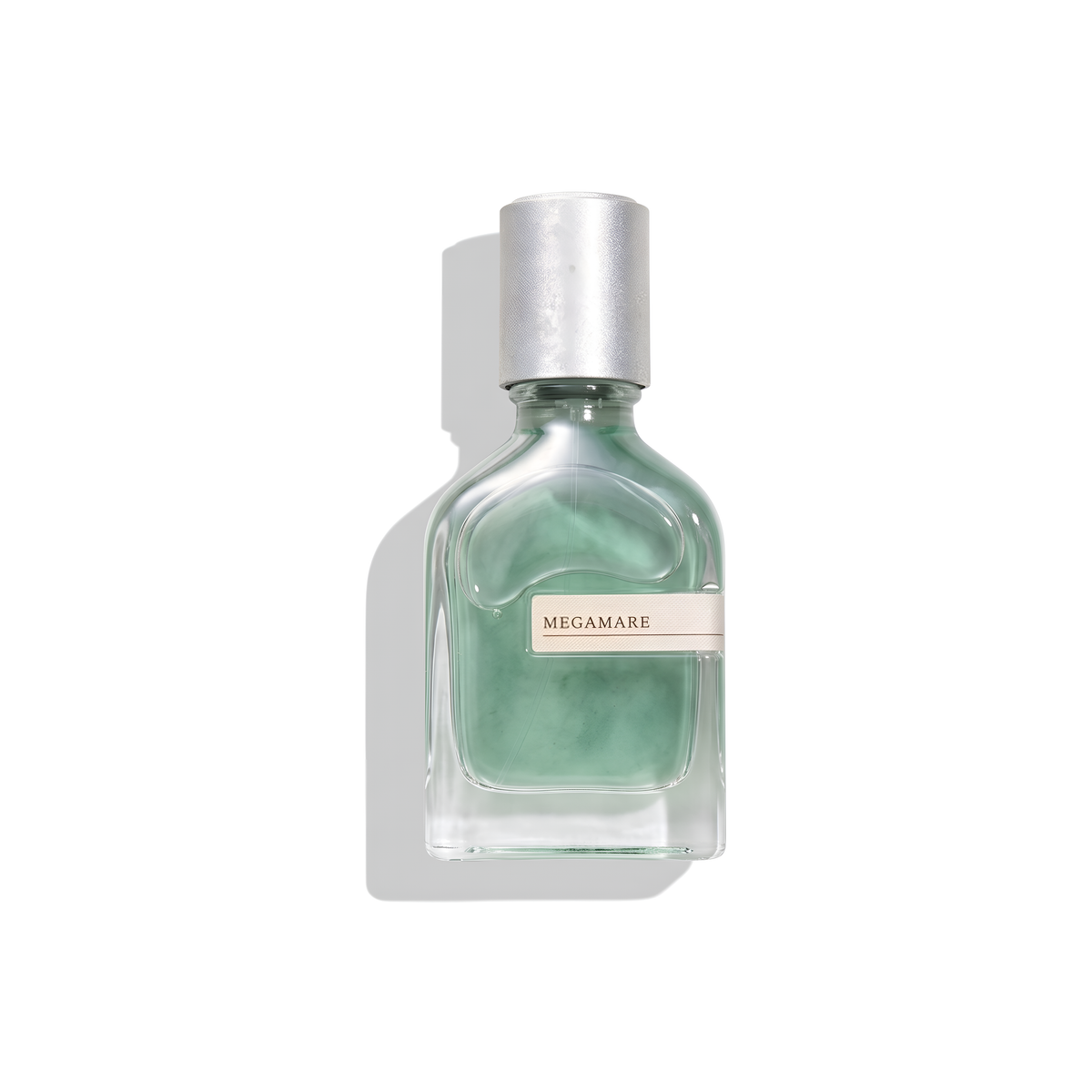 Bottle of Orto Parisi Megamare Parfum fragrance on a white background with soft shadow