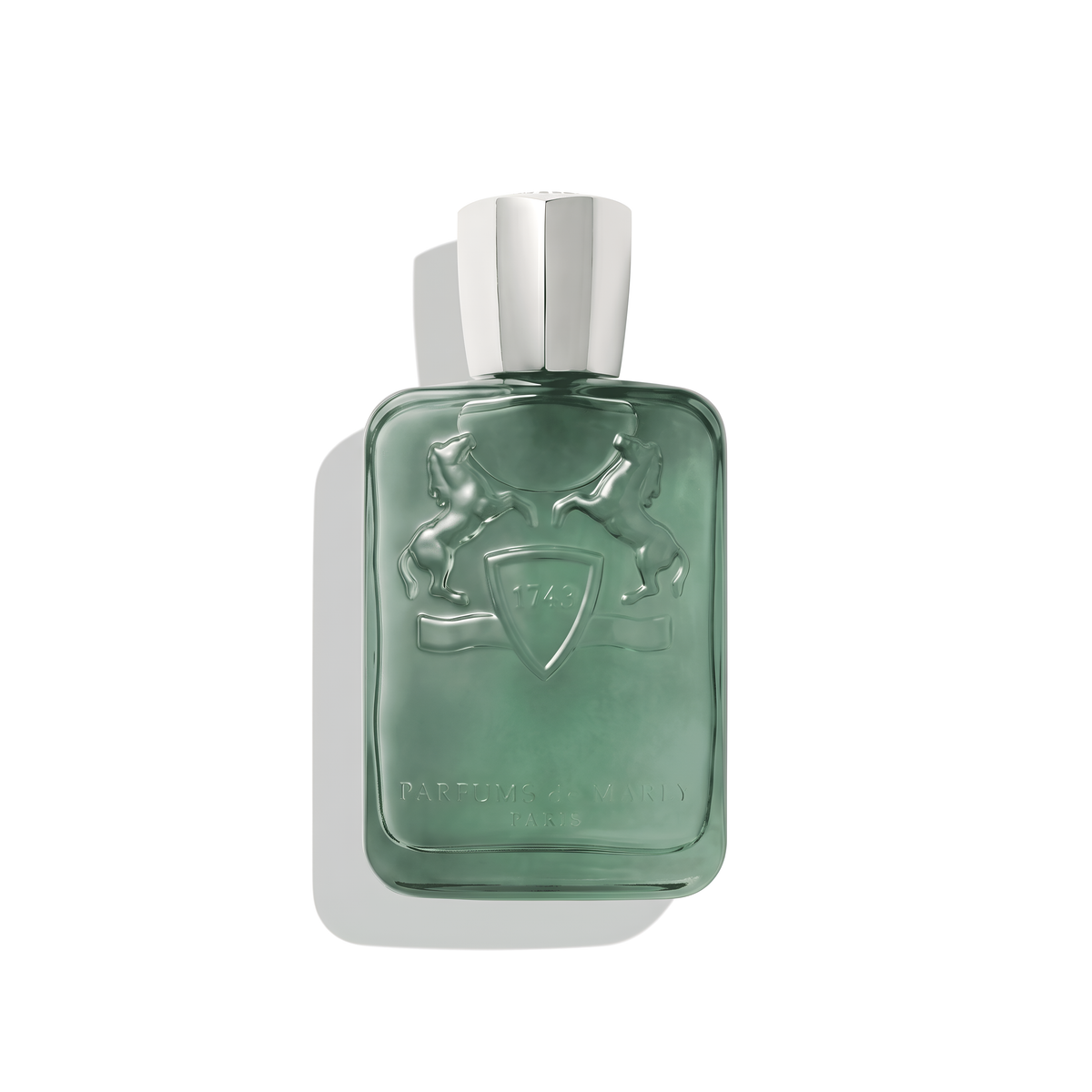 Bottle of Parfums de Marly Greenley EDP fragrance on a white background with soft shadow