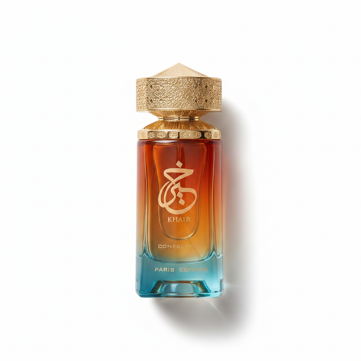 Bottle of Paris Corner Khair Confection EDP fragrance on a white background with soft shadow
