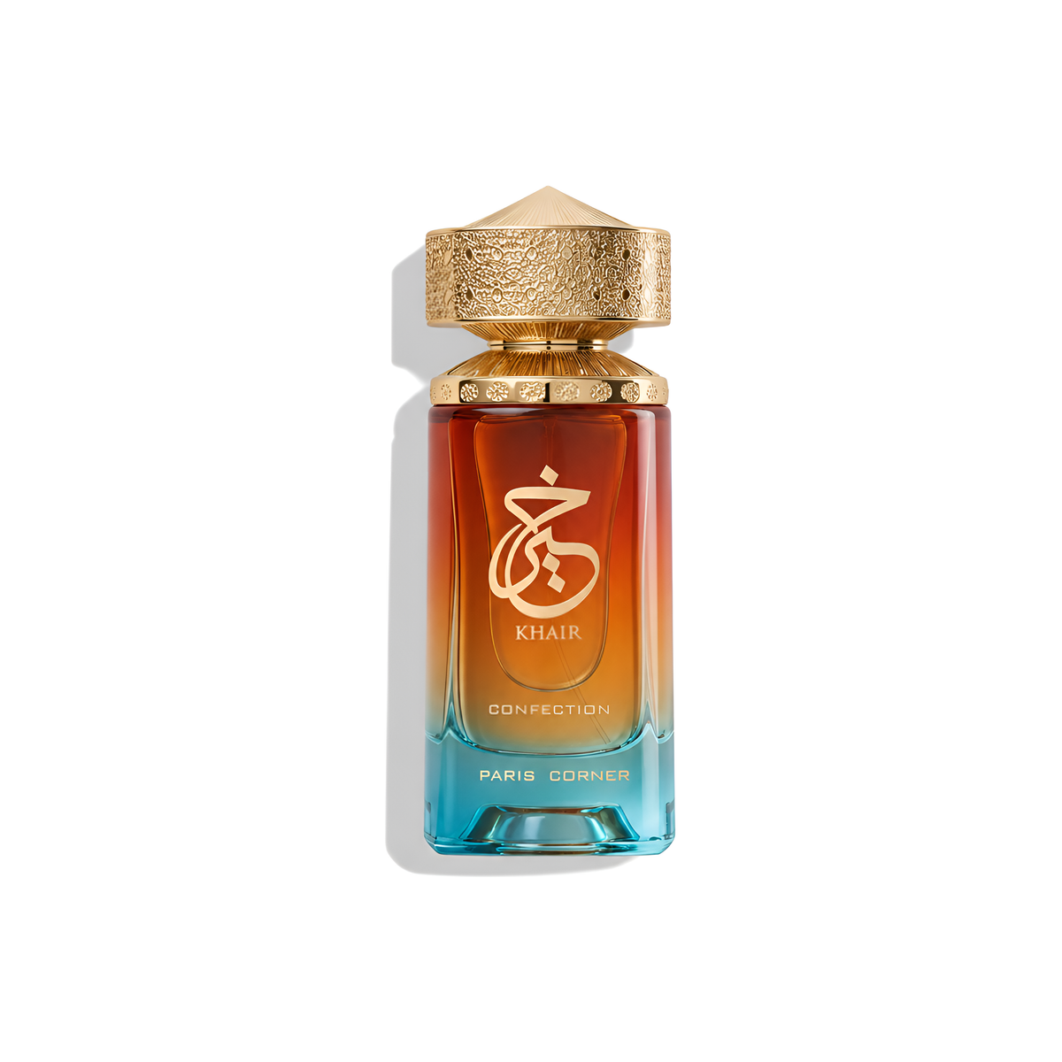Bottle of Paris Corner Khair Confection EDP fragrance on a white background with soft shadow