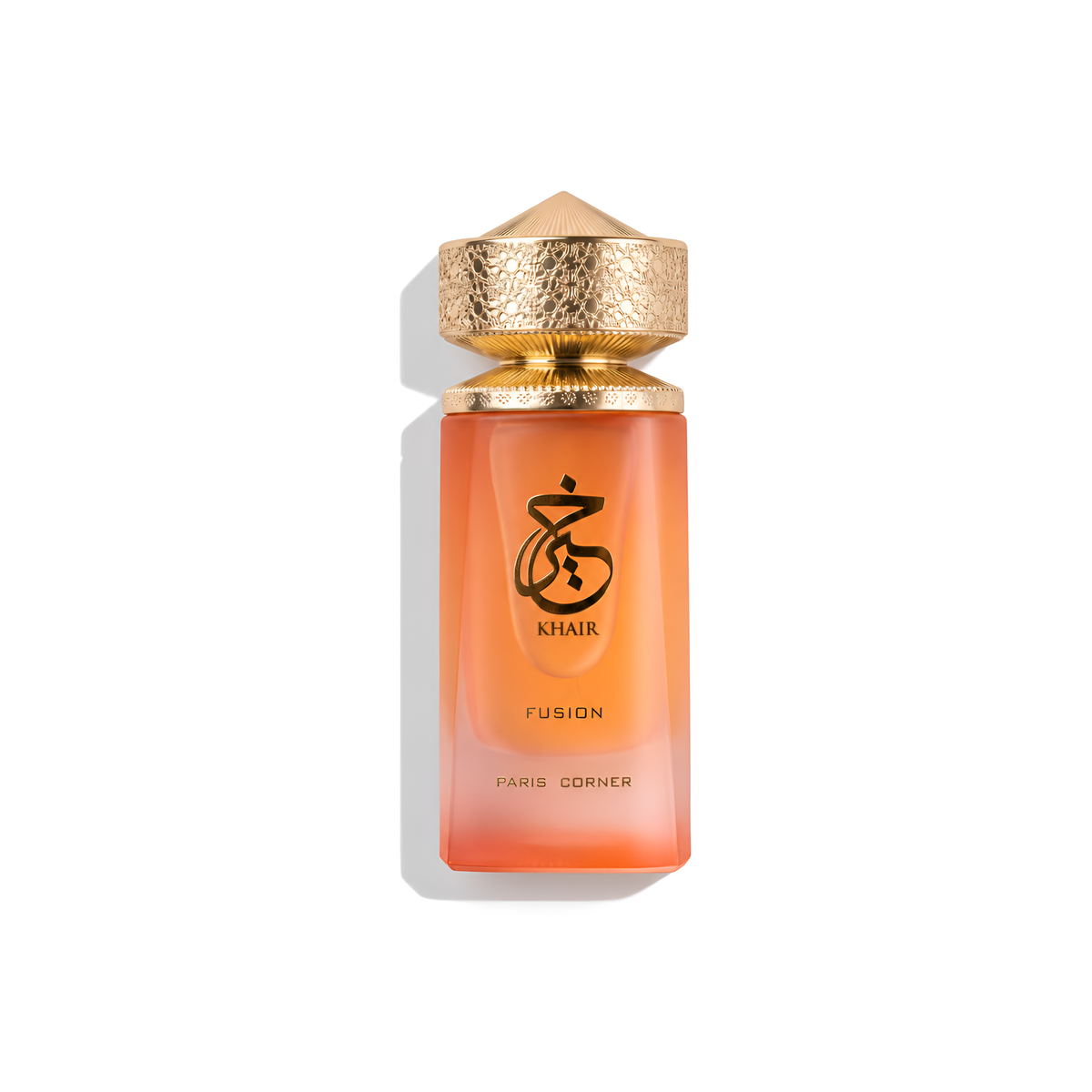 Bottle of Paris Corner Khair Fusion EDP fragrance on a white background with soft shadow