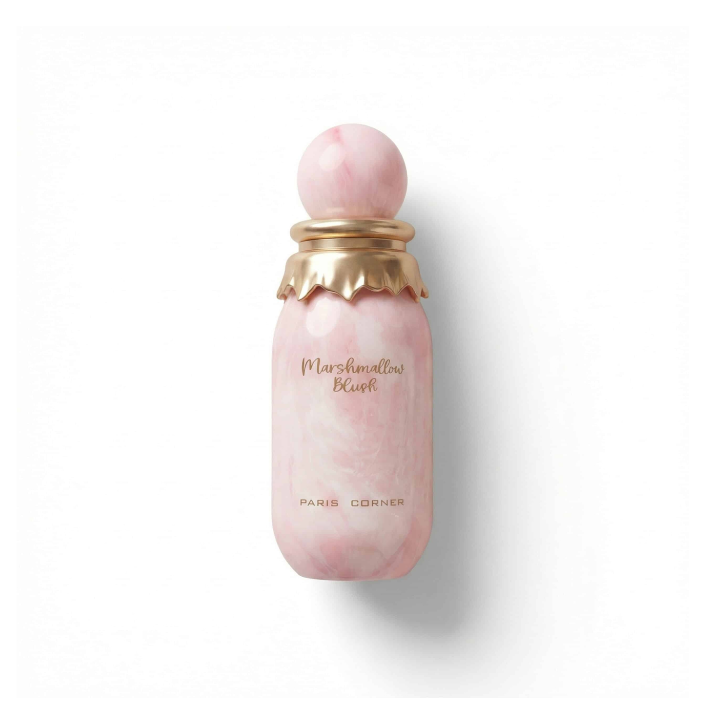 Bottle of Paris Corner Marshmallow Blush EDP fragrance on a white background with soft shadow