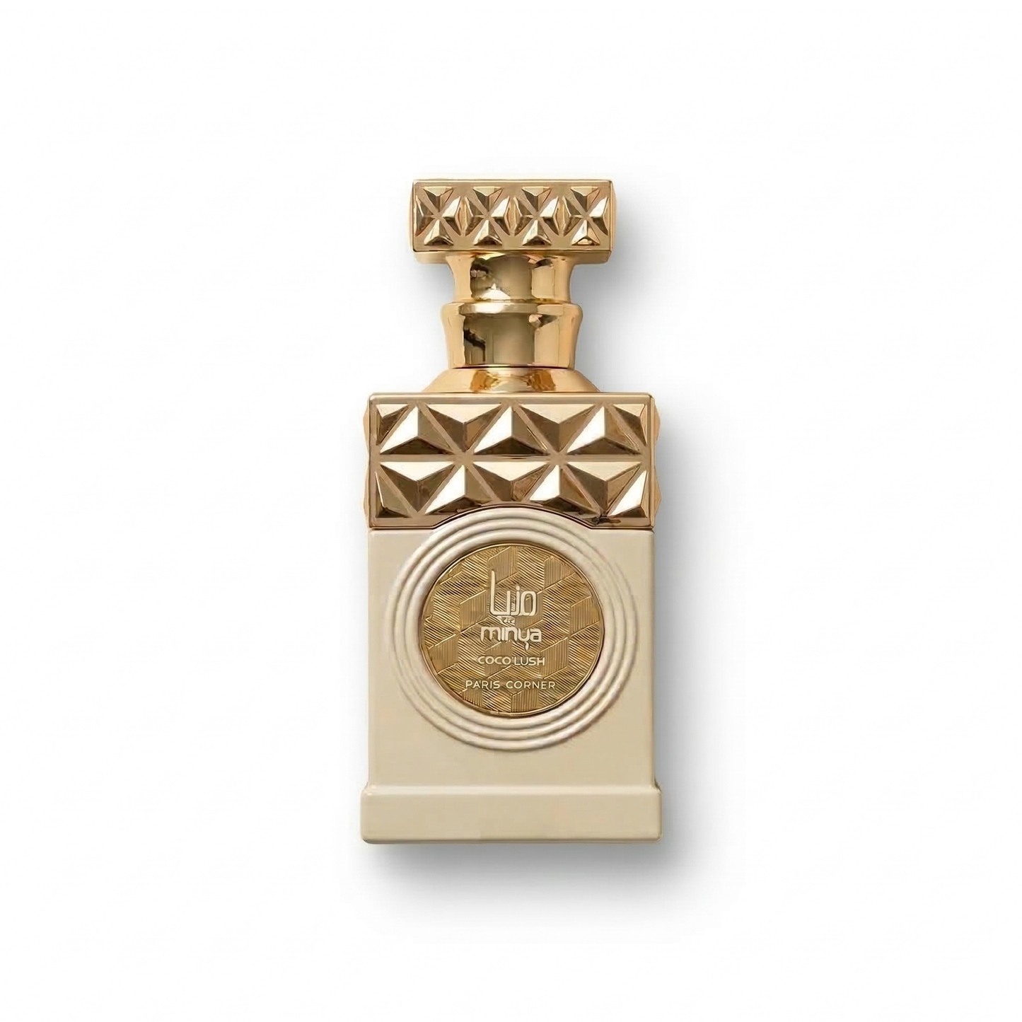 Bottle of Paris Corner Minya Coco Lush EDP fragrance on a white background with soft shadow