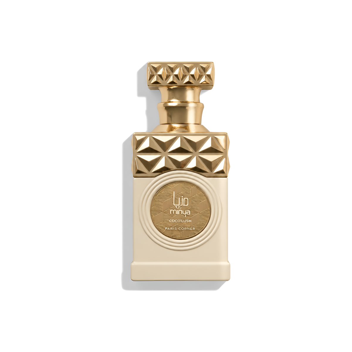 Bottle of Paris Corner Minya Coco Lush EDP fragrance on a white background with soft shadow