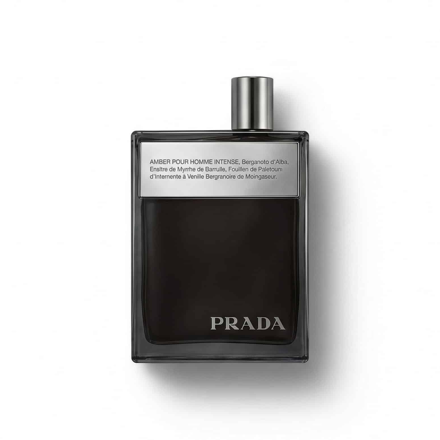 Bottle of Prada Amber Intense (Batch 2019) EDP fragrance on a white background with soft shadow