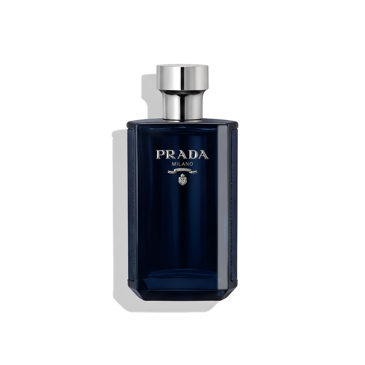 Bottle of Prada L'Homme Intense EDP fragrance on a white background with soft shadow