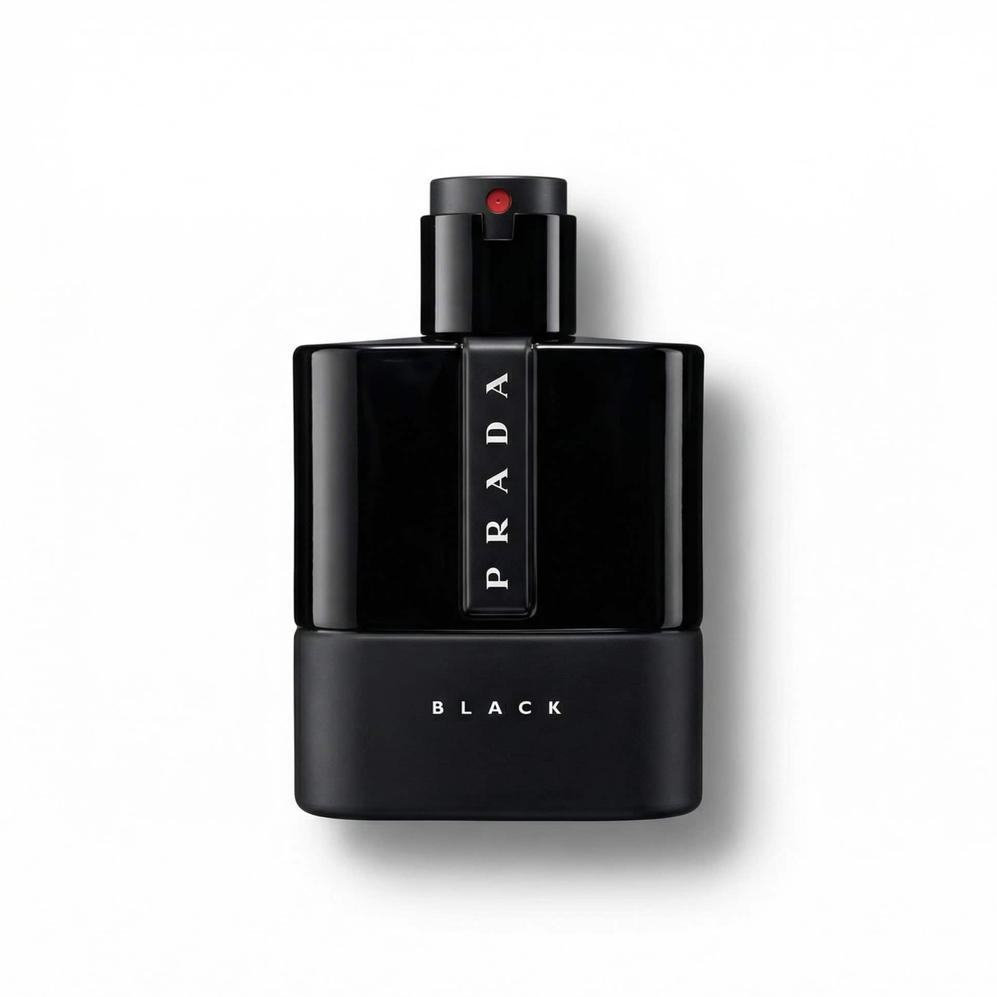 Bottle of Prada Luna Rossa Black EDP fragrance on a white background with soft shadow