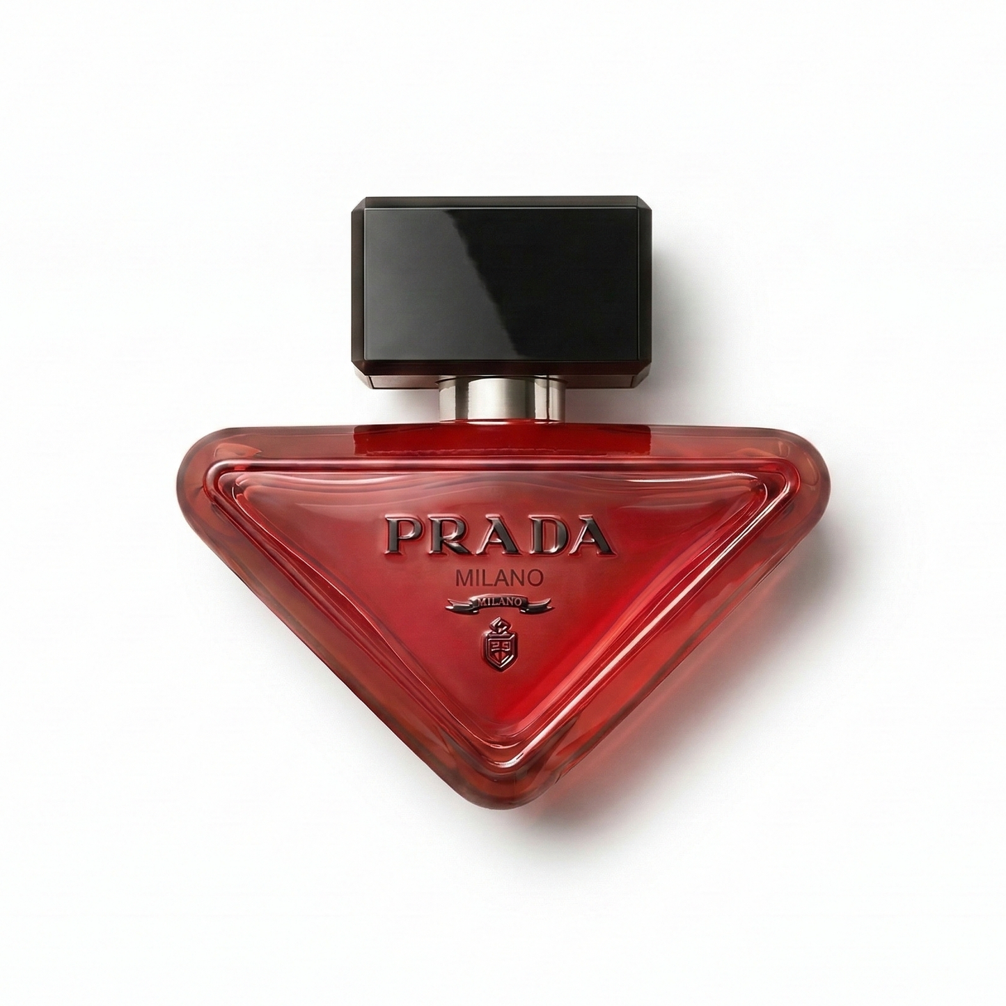 Bottle of Prada Paradoxe Radical Essence Parfum fragrance on a white background with soft shadow