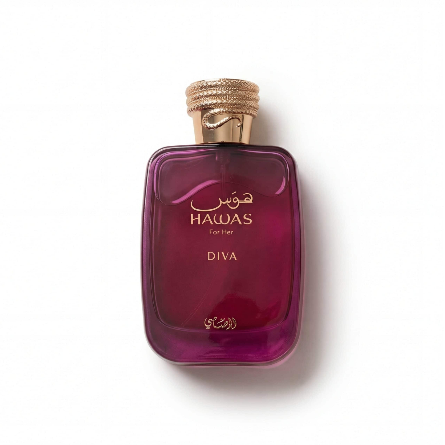 Bottle of Rasasi Hawas Diva EDP fragrance on a white background with soft shadow