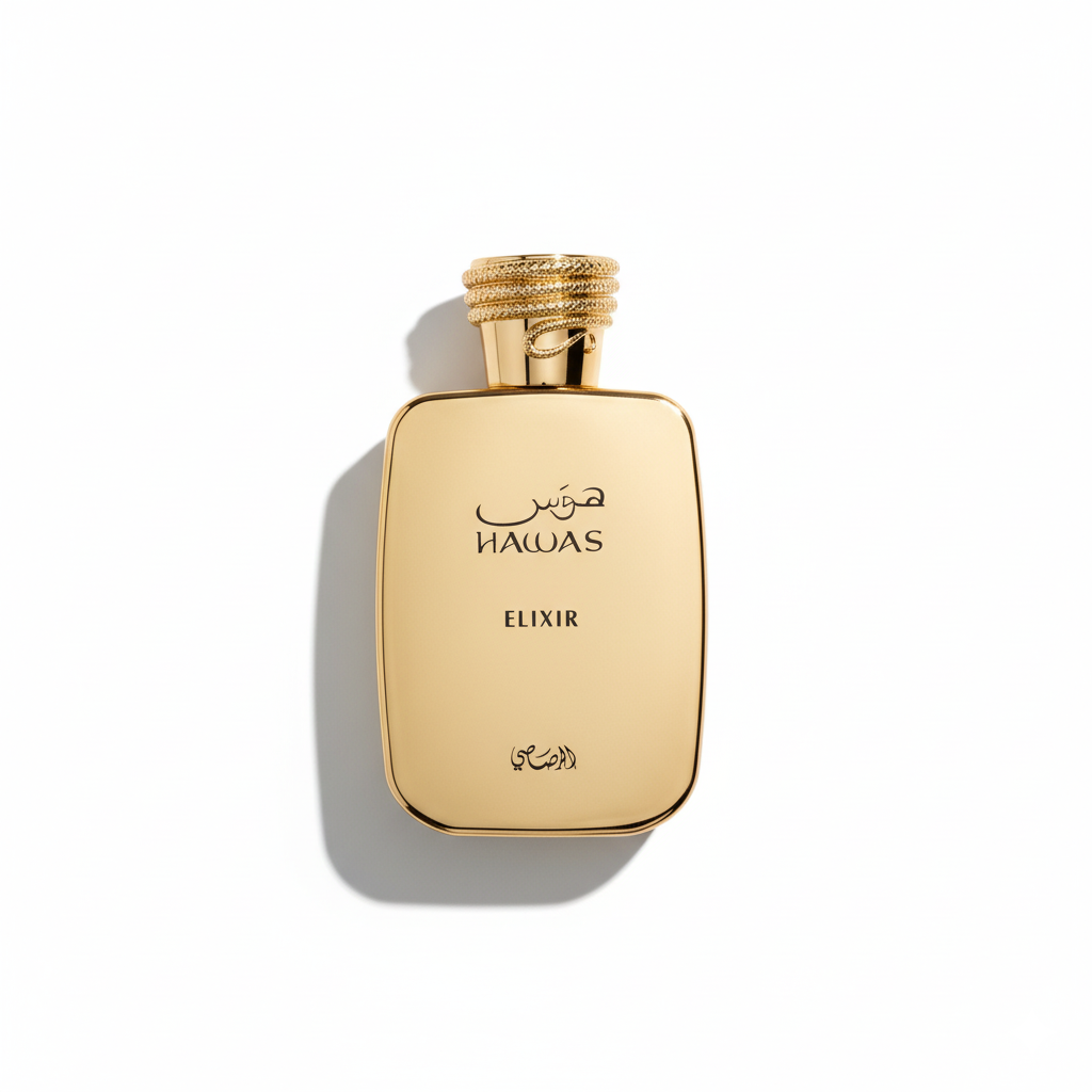 Bottle of Rasasi Hawas Elixir fragrance on a white background with soft shadow