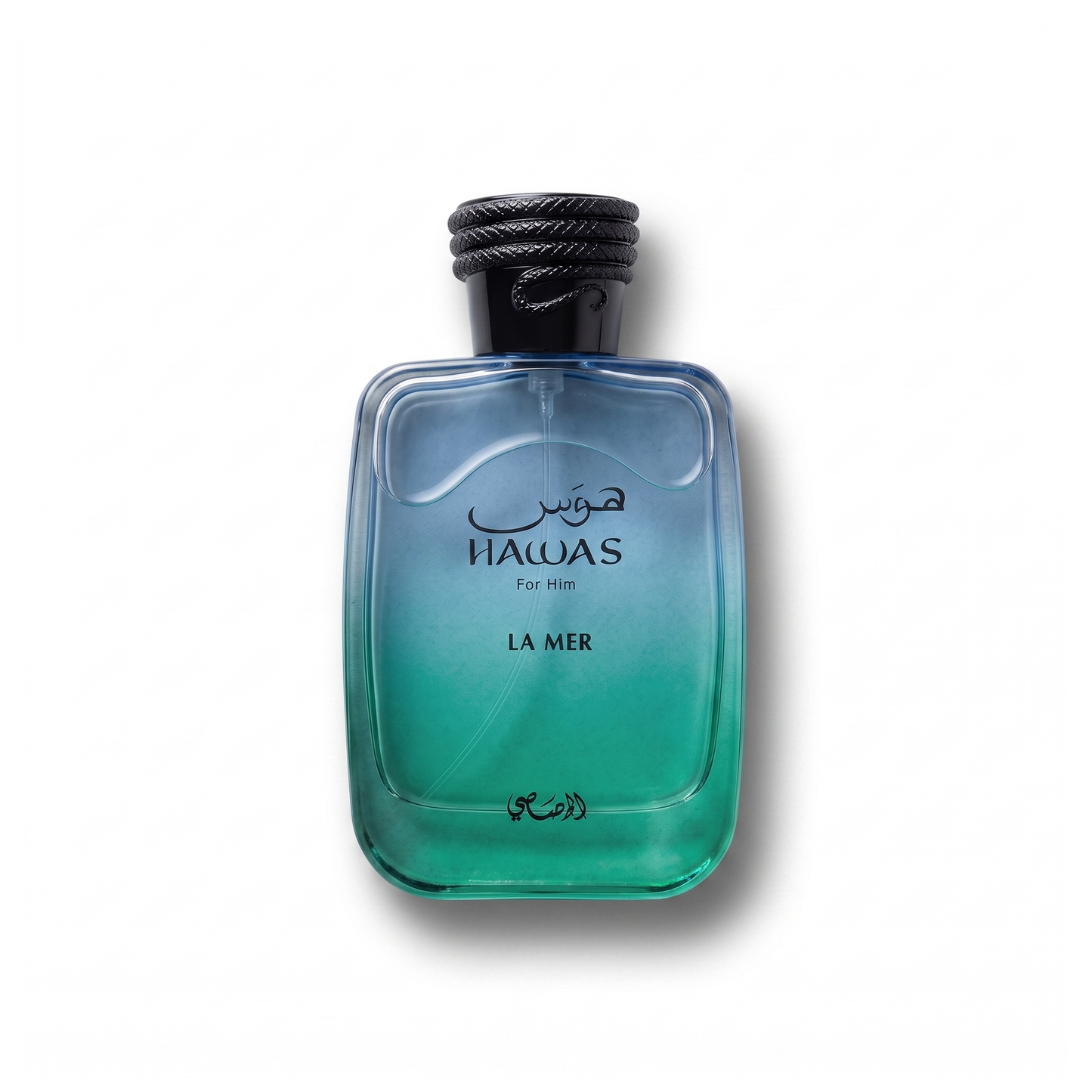 Bottle of Rasasi Hawas La Mer EDP fragrance on a white background with soft shadow