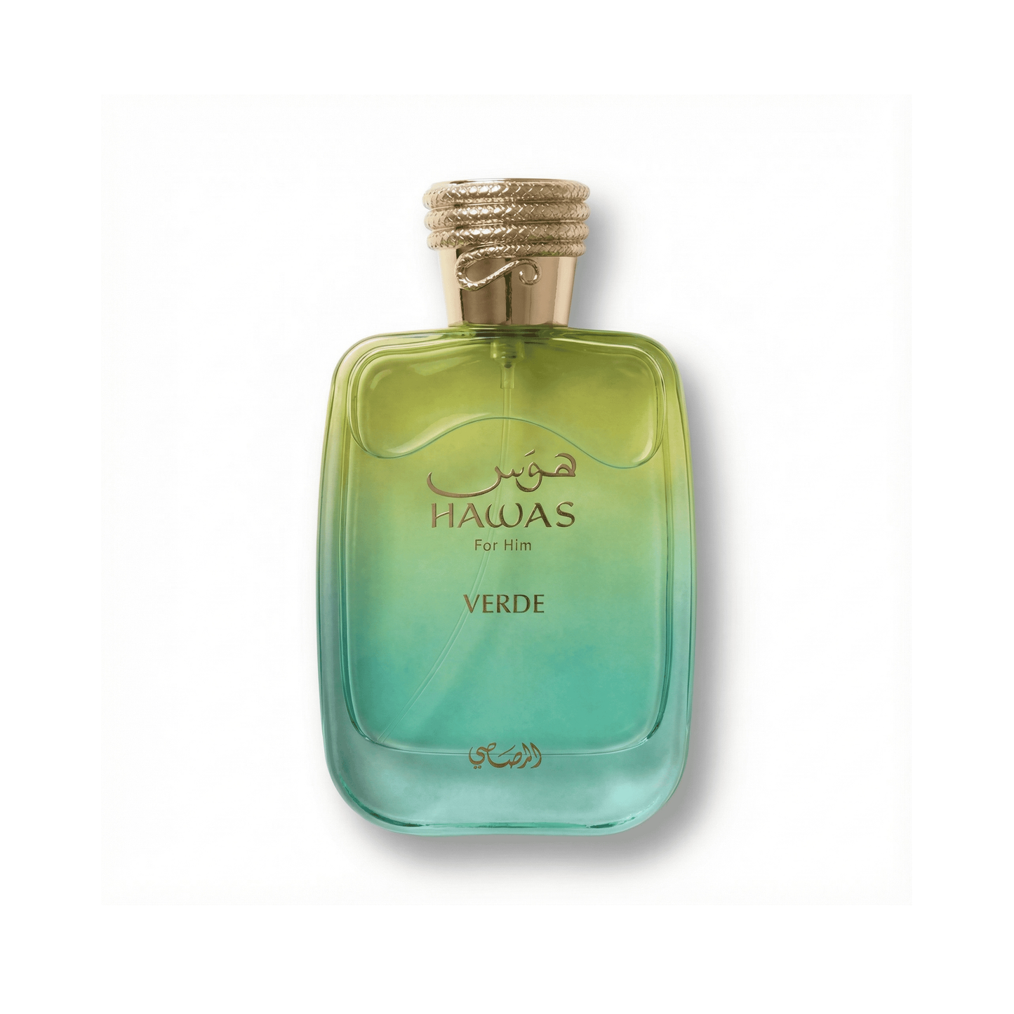 Bottle of Rasasi Hawas Verde EDP fragrance on a white background with soft shadow