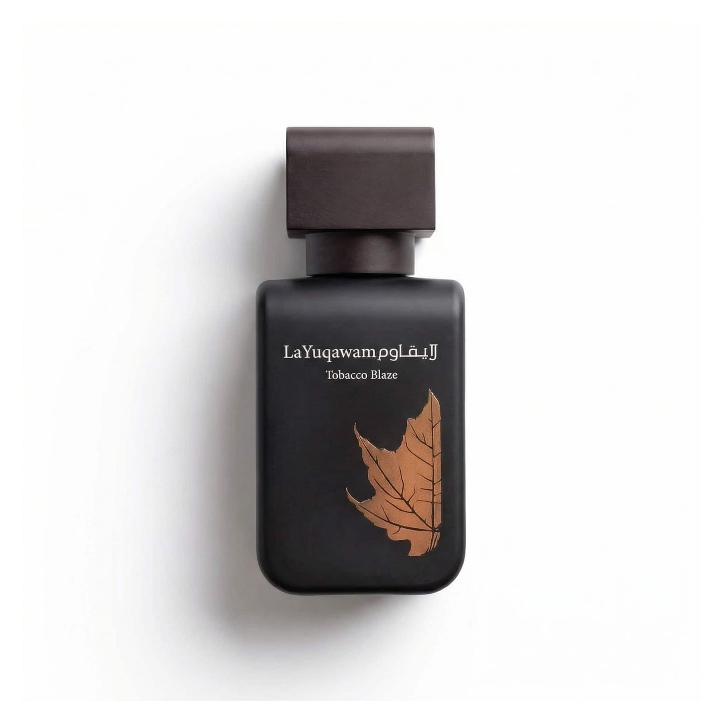 Bottle of Rasasi La Yuqawam Tobacco Blaze EDP fragrance on a white background with soft shadow