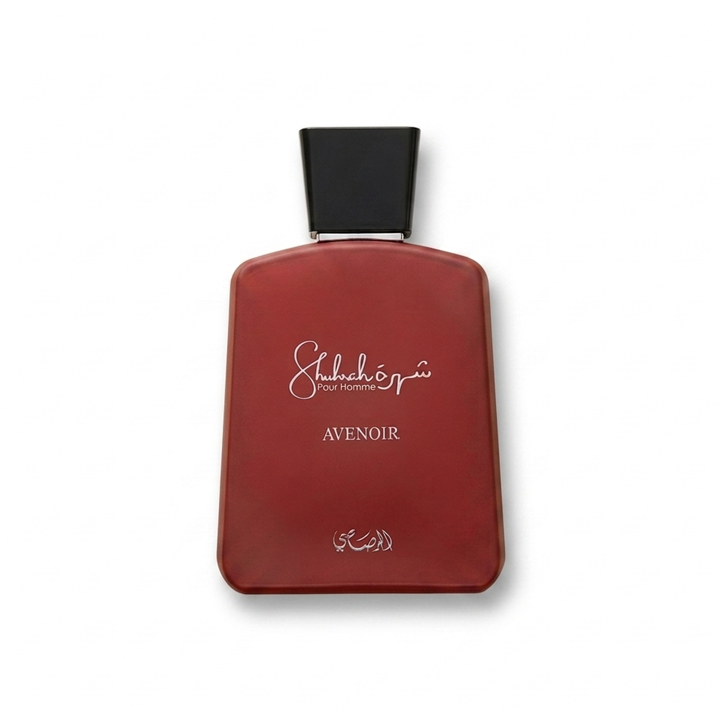 Bottle of Rasasi Shuhrah Avenoir EDP fragrance on a white background with soft shadow