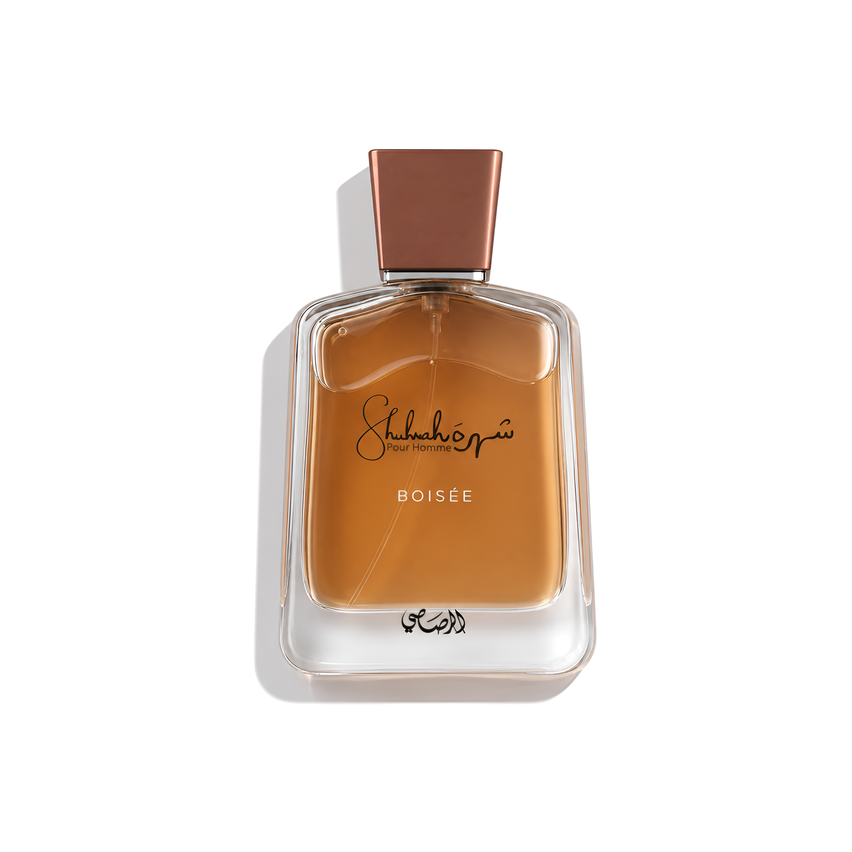 Bottle of Rasasi Shuhrah Boisee EDP fragrance on a white background with soft shadow