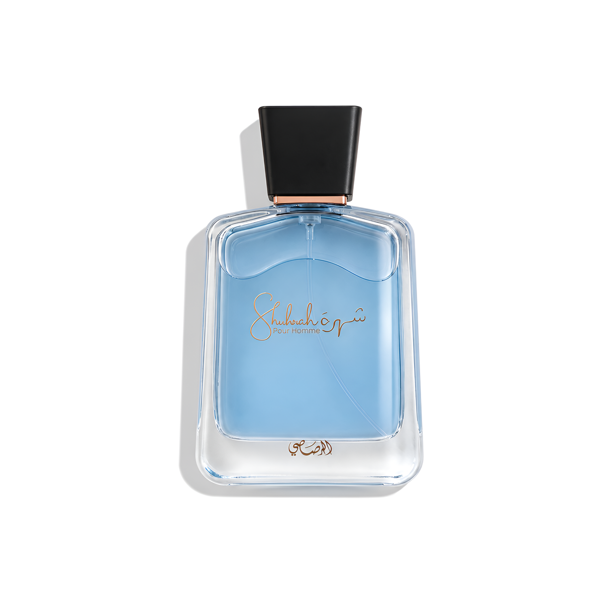 Bottle of Rasasi Shuhrah EDP fragrance on a white background with soft shadow