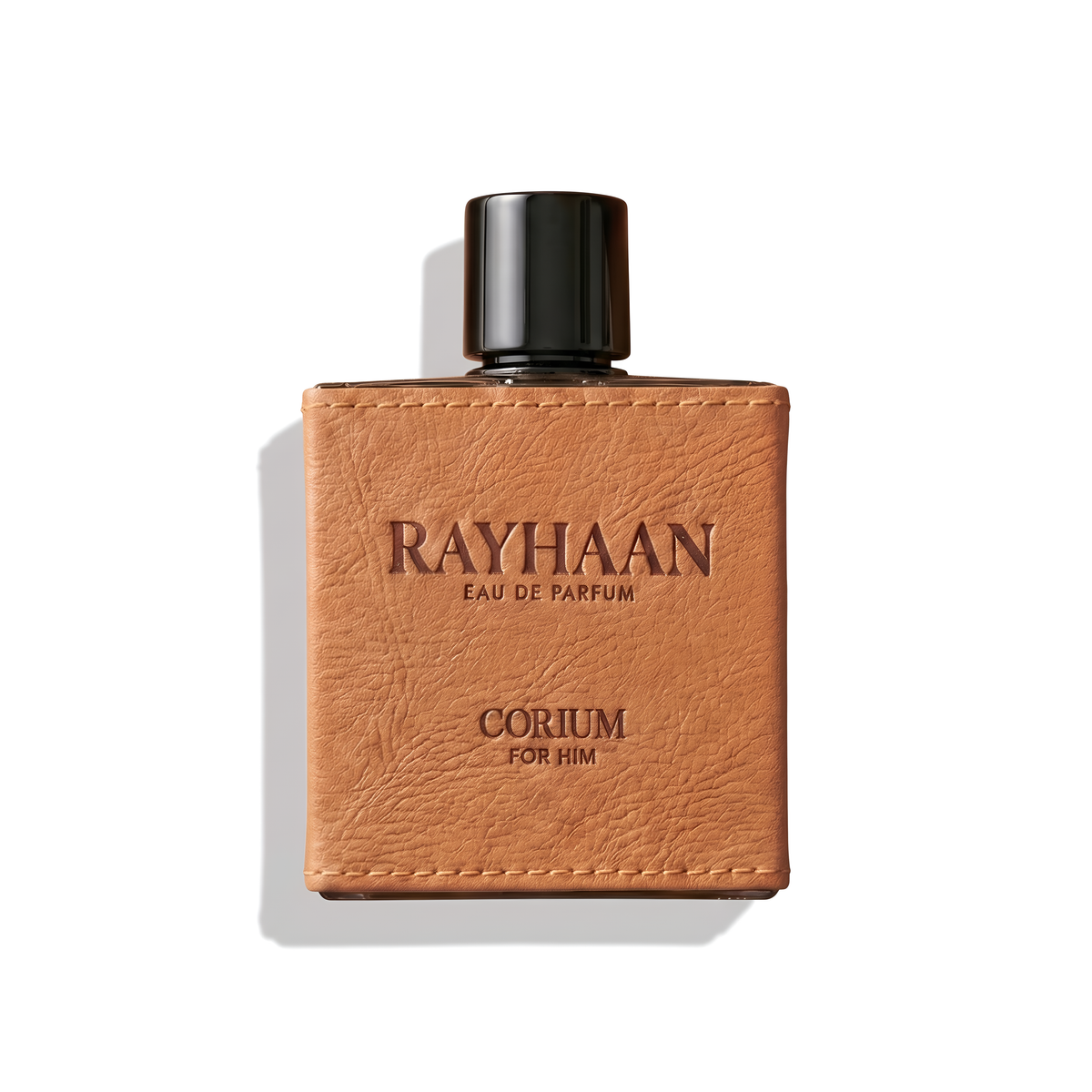 Bottle of Rayhaan Corium EDP fragrance on a white background with soft shadow