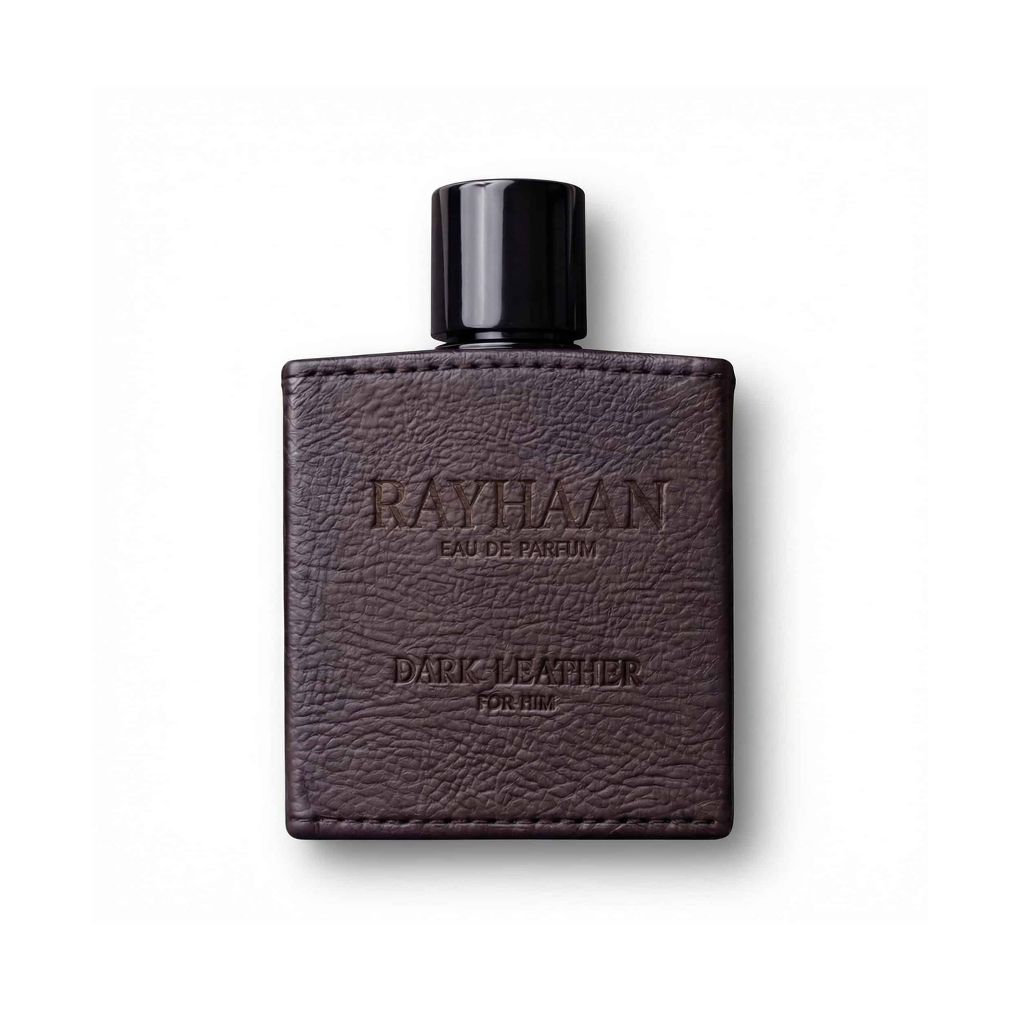 Bottle of Rayhaan Dark Leather EDP fragrance on a white background with soft shadow
