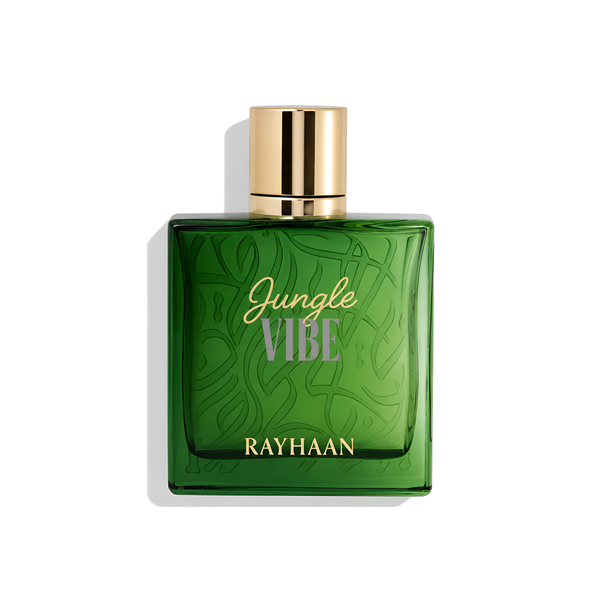 Bottle of Rayhaan Jungle Vibe EDP fragrance on a white background with soft shadow