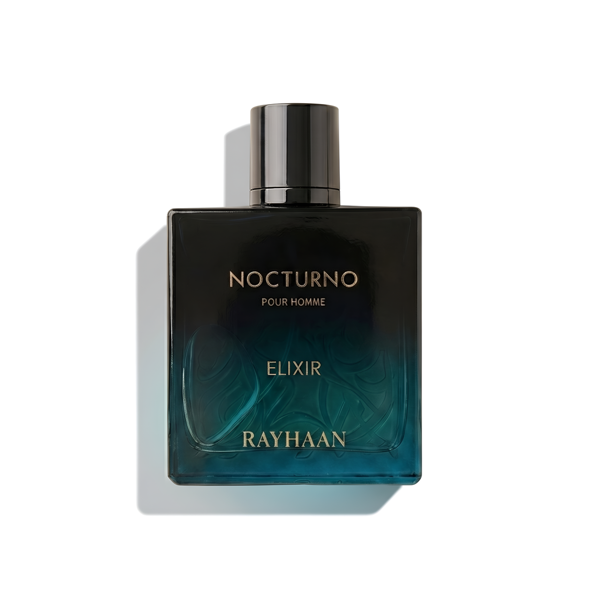Bottle of Rayhaan Nocturno Elixir fragrance on a white background with soft shadow