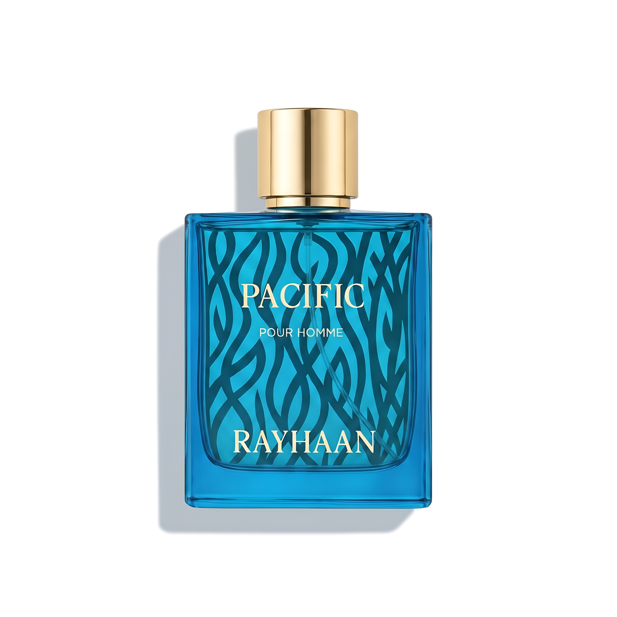 Bottle of Rayhaan Pacific EDP fragrance on a white background with soft shadow