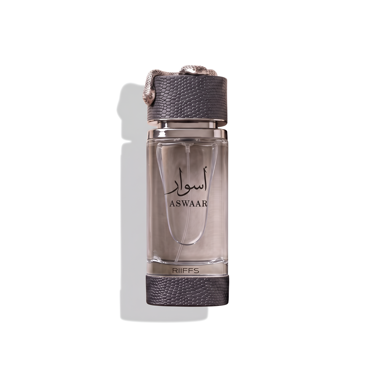 Bottle of Riiffs Aswar EDP fragrance on a white background with soft shadow