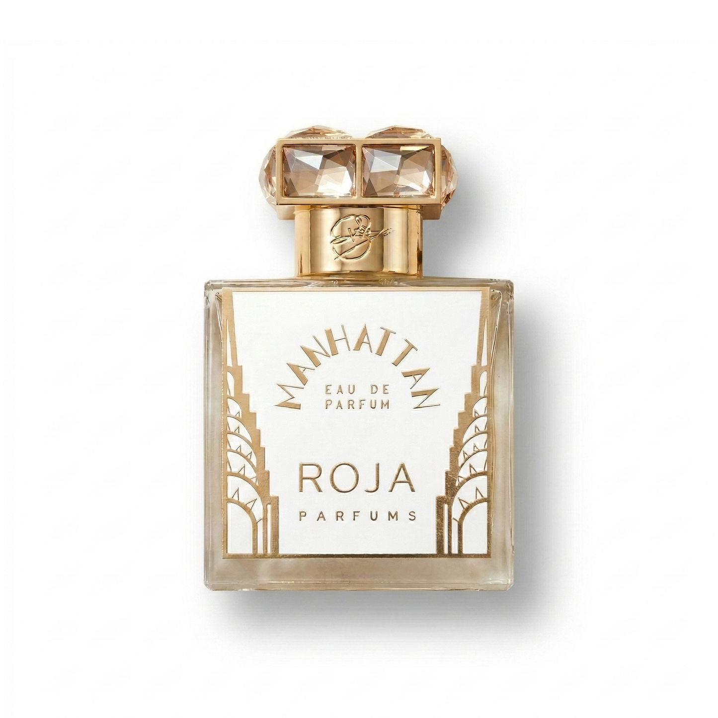 Bottle of Roja Parfums Manhattan EDP fragrance on a white background with soft shadow