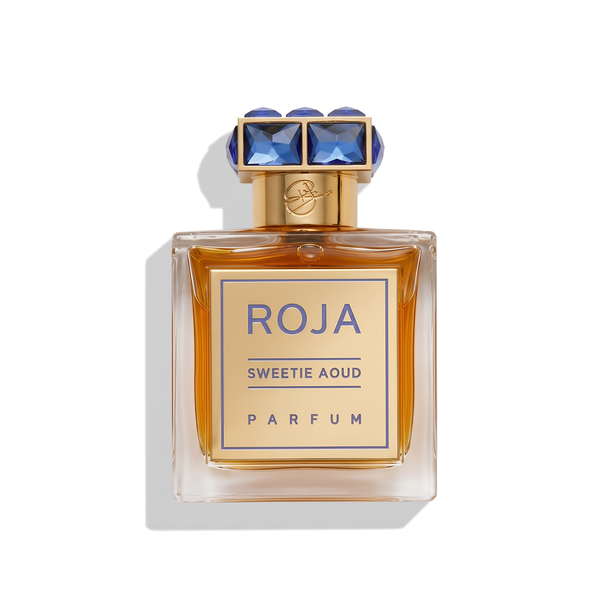 Bottle of Roja Parfums Sweetie Aoud Extrait fragrance on a white background with soft shadow