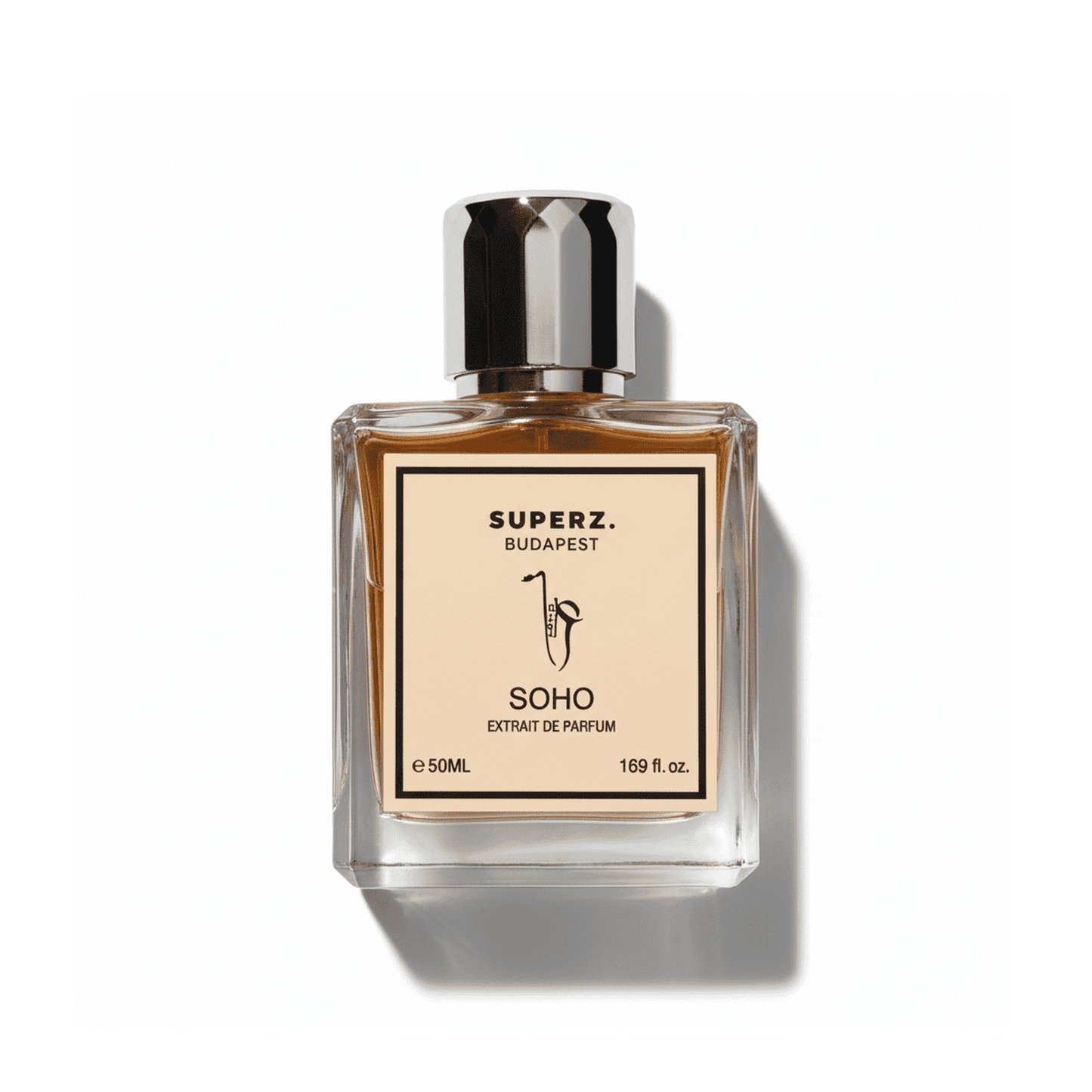 Bottle of Superz Soho Extrait fragrance on a white background with soft shadow