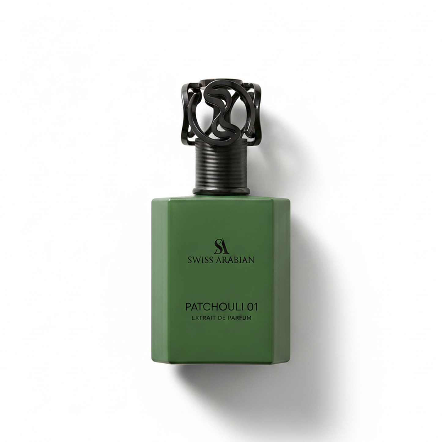 Bottle of Swiss Arabian Patchouli 01 Extrait fragrance on a white background with soft shadow
