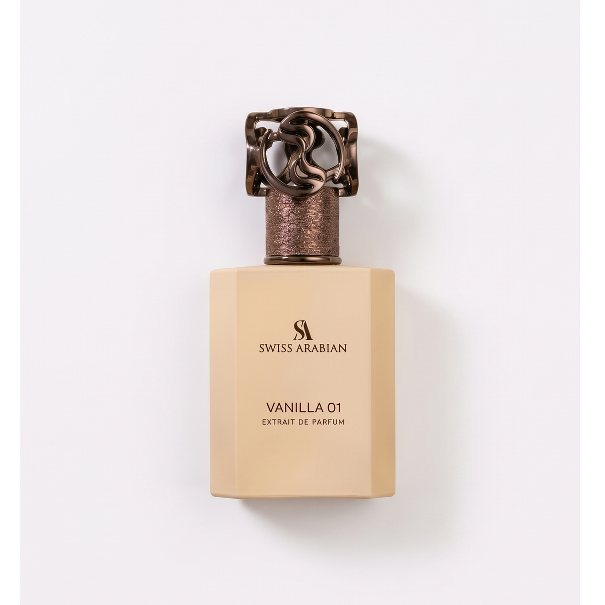 Bottle of Swiss Arabian Vanilla 01 Extrait fragrance on a white background with soft shadow
