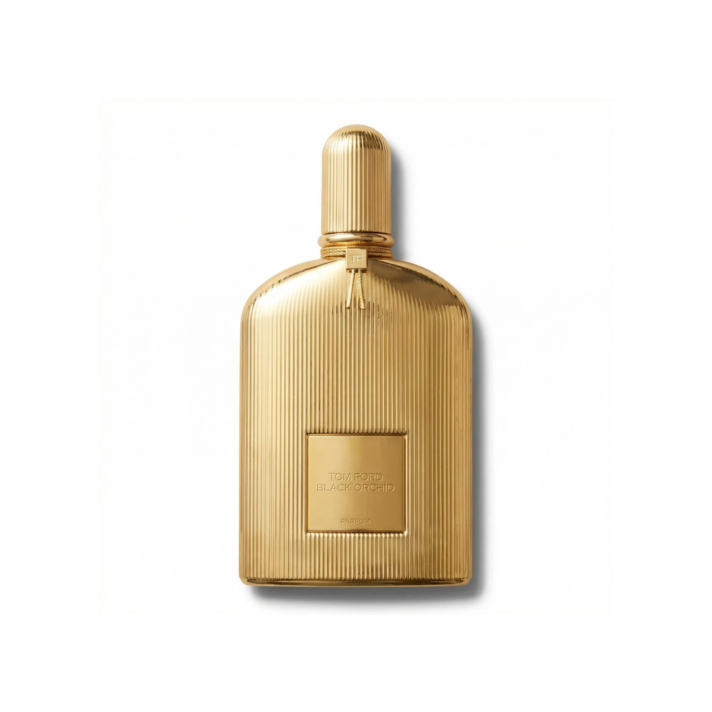 Bottle of Tom Ford Black Orchid Parfum fragrance on a white background with soft shadow