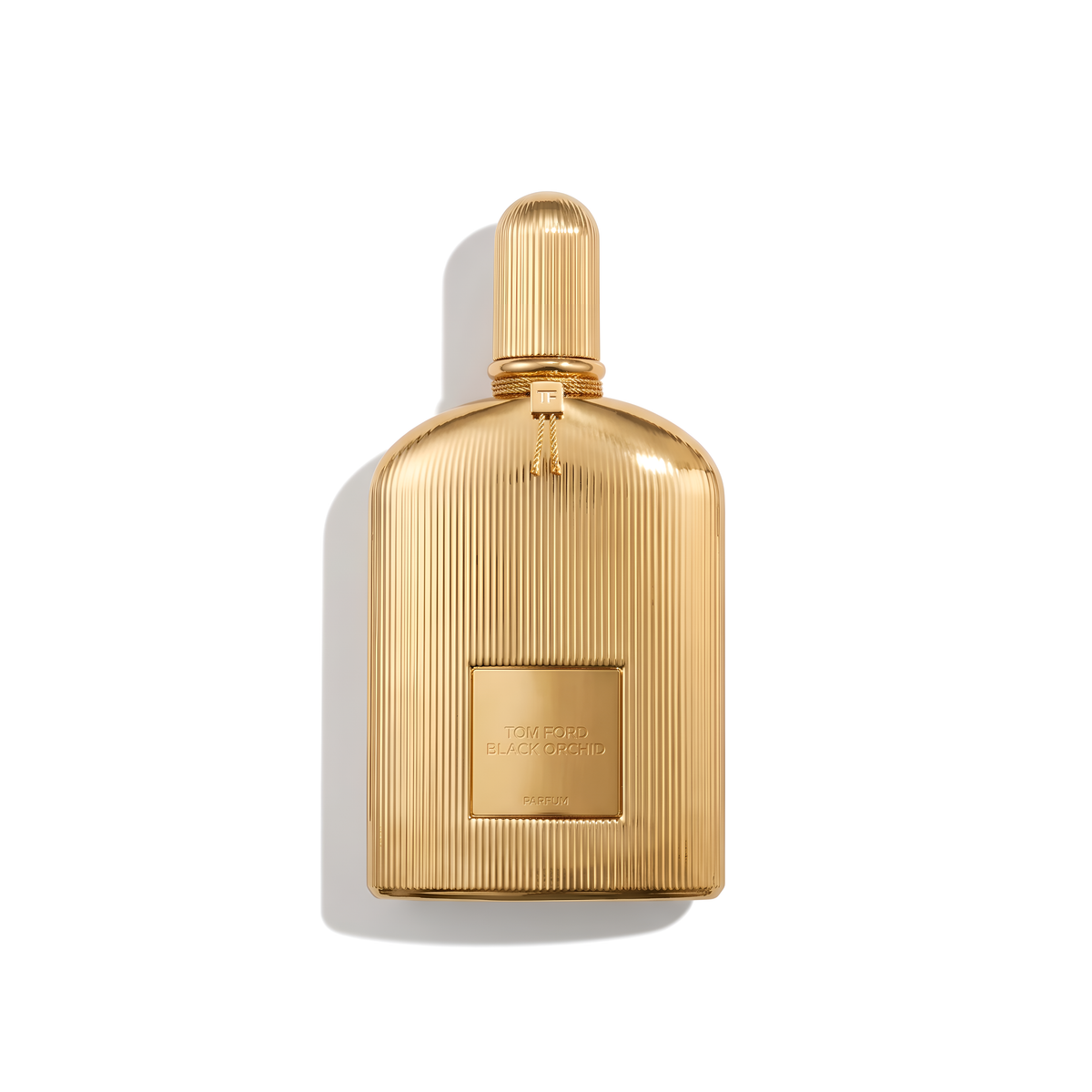 Bottle of Tom Ford Black Orchid Parfum fragrance on a white background with soft shadow