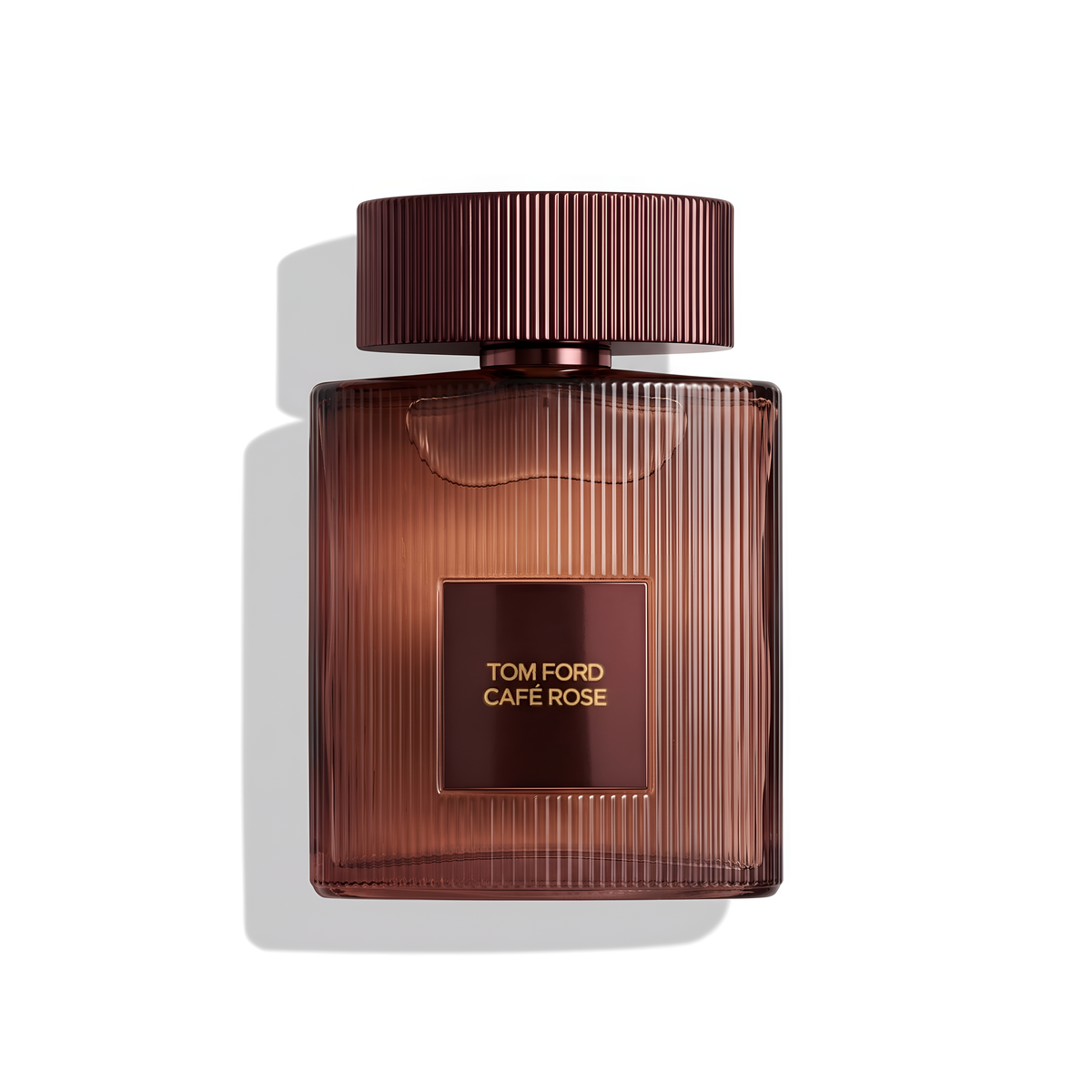 Bottle of Tom Ford Cafe Rose (2023) EDP fragrance on a white background with soft shadow
