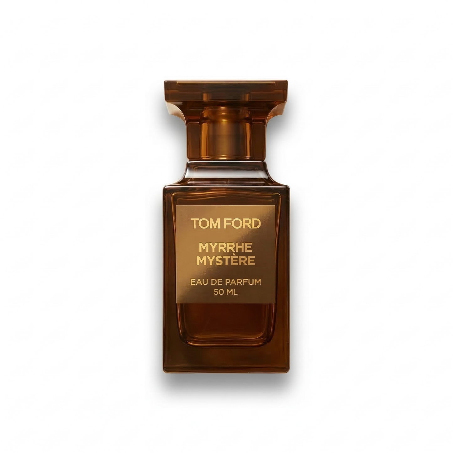 Bottle of Tom Ford Myrrhe Mystère EDP fragrance on a white background with soft shadow