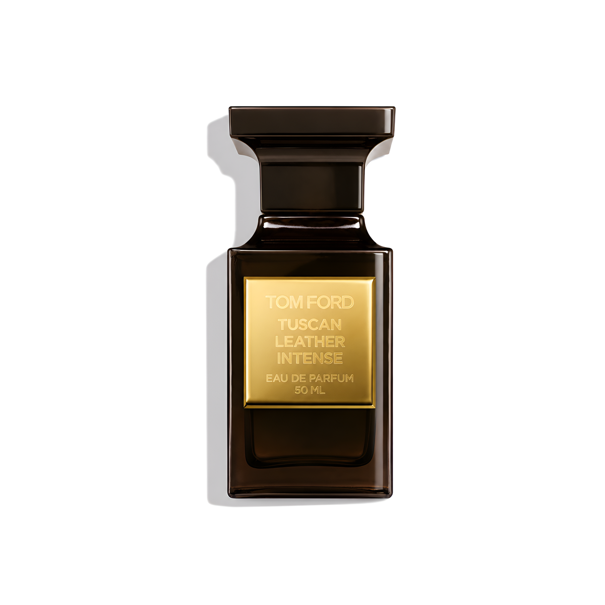 Bottle of Tom Ford Tuscan Leather Intense EDP fragrance on a white background with soft shadow