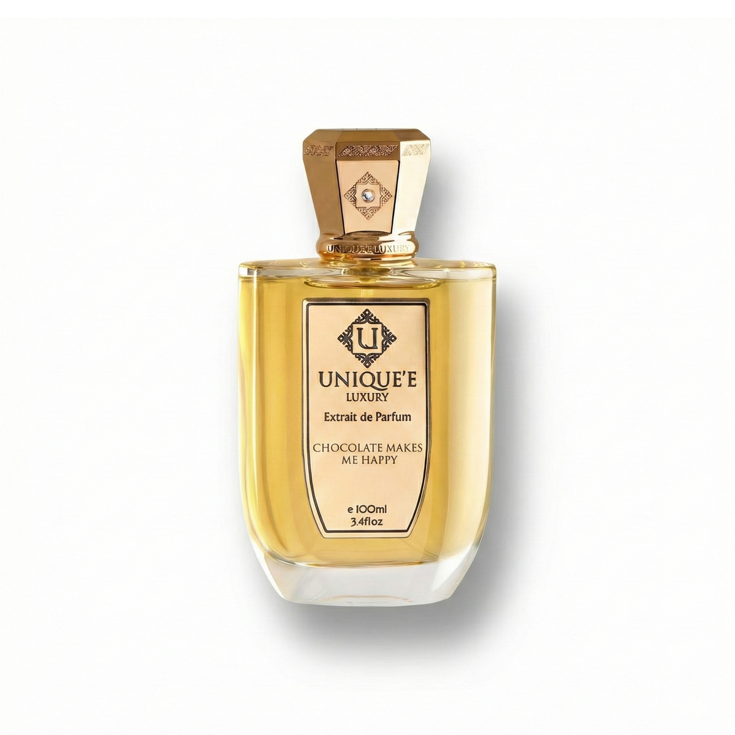 Bottle of Unique'E Luxury Chocolate Makes Me Happy Extrait fragrance on a white background with soft shadow