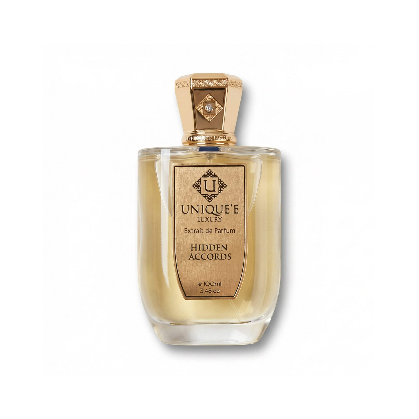 Bottle of Unique'E Luxury Hidden Accords Extrait fragrance on a white background with soft shadow