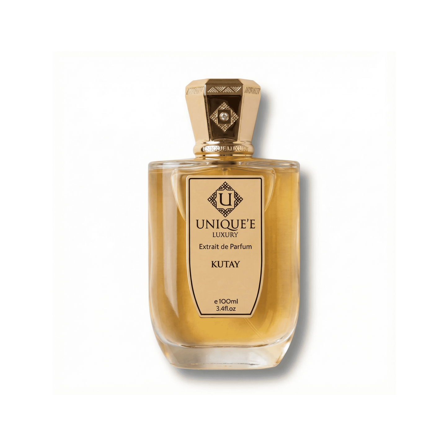 Bottle of Unique'E Luxury Kutay Extrait fragrance on a white background with soft shadow