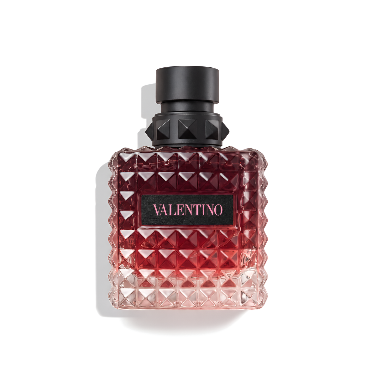 Bottle of Valentino Donna Born In Roma Intense EDP fragrance on a white background with soft shadow