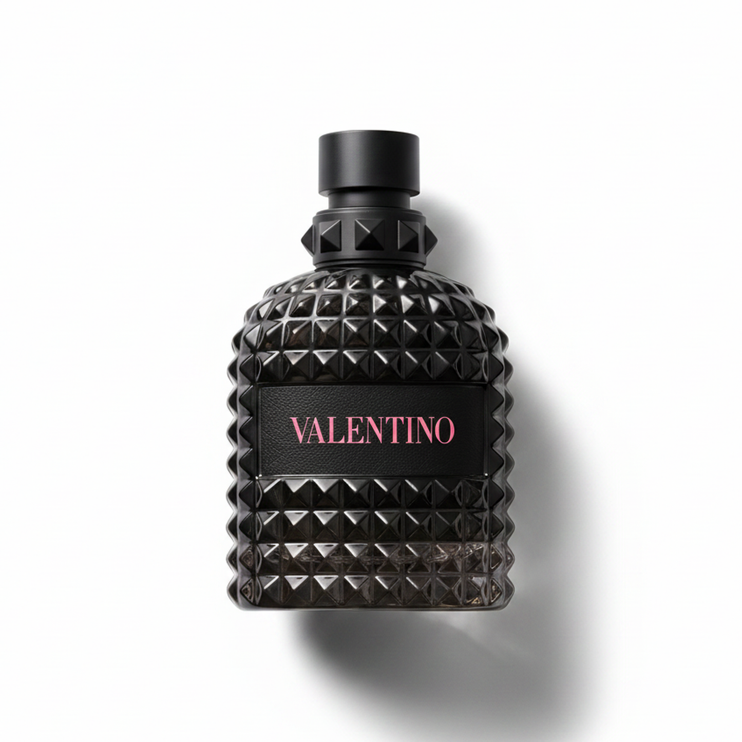 Bottle of Valentino Uomo Born In Roma Extradose fragrance on a white background with soft shadow