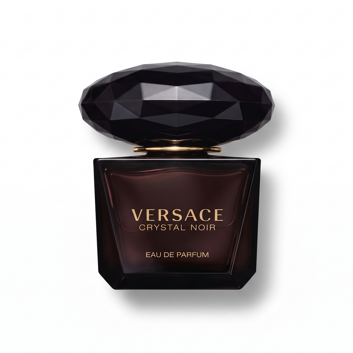 Bottle of Versace Crystal Noir Eau de Toilette fragrance on a white background with soft shadow