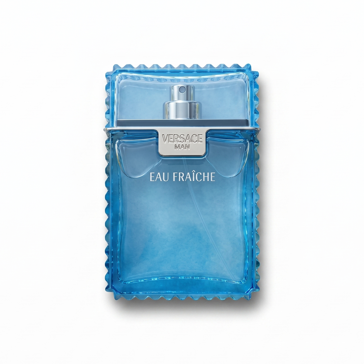 Bottle of Versace Man Eau Fraiche EDT fragrance on a white background with soft shadow