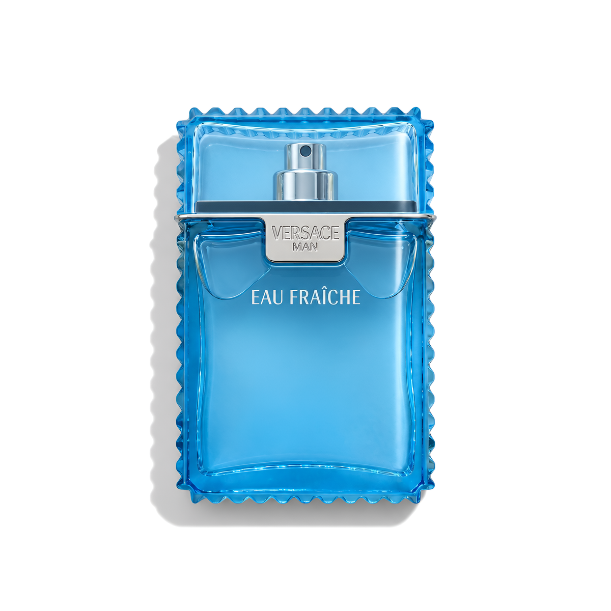 Bottle of Versace Man Eau Fraiche EDT fragrance on a white background with soft shadow