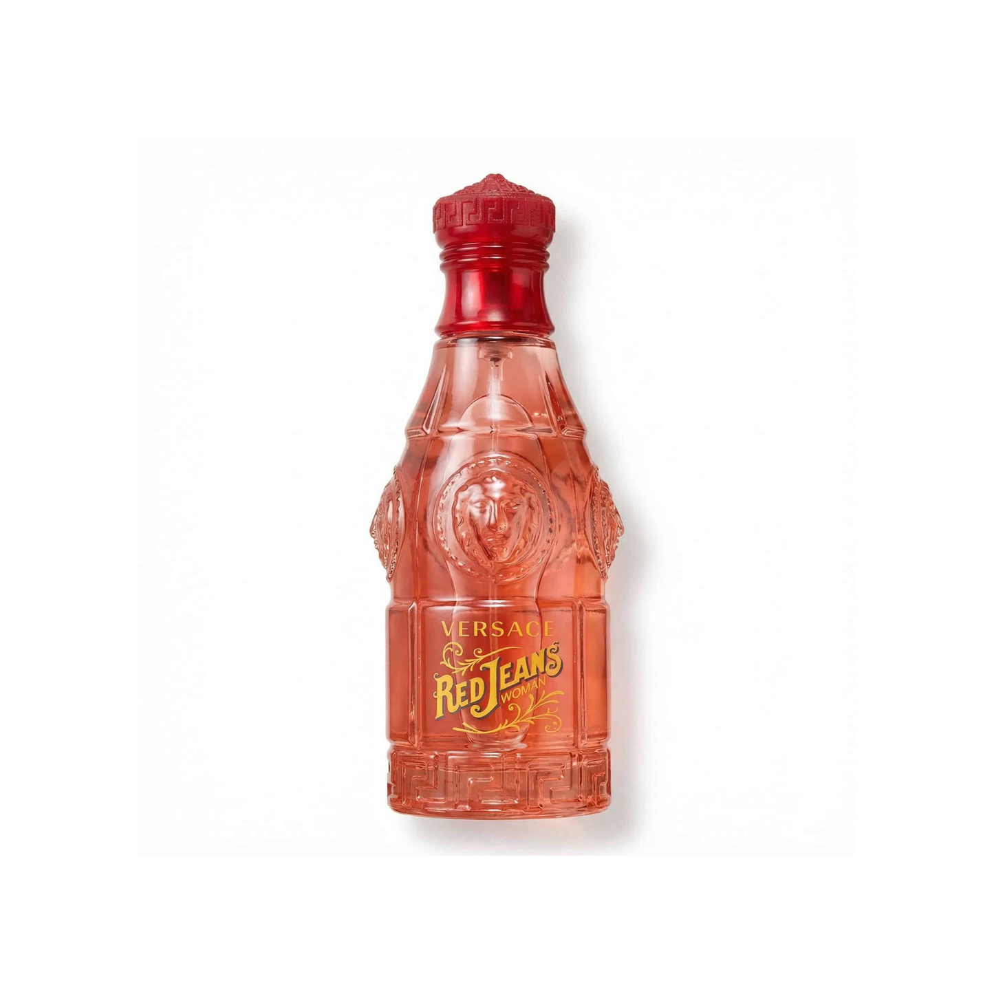 Bottle of Versace Red Jeans EDT fragrance on a white background with soft shadow