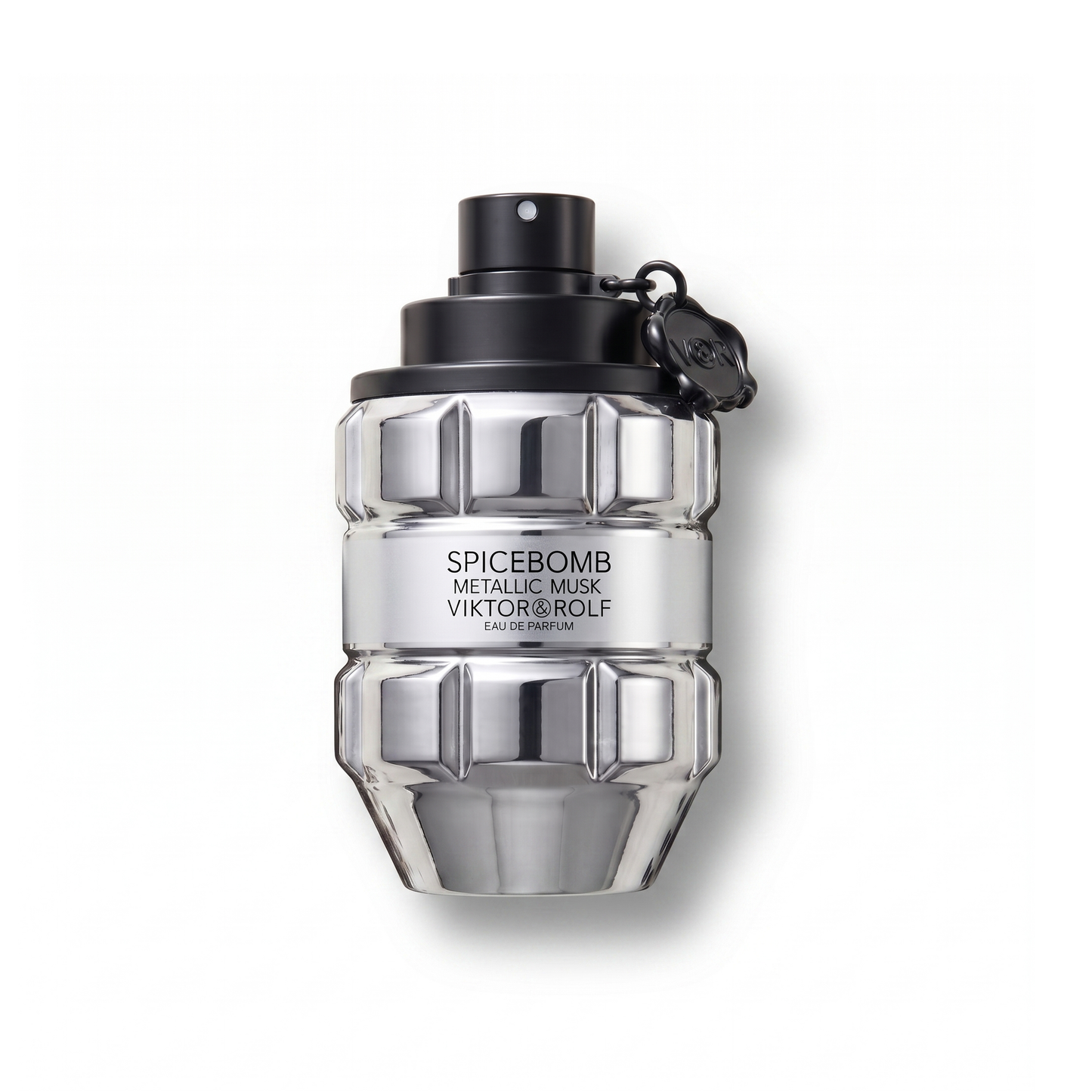 Bottle of Viktor & Rolf Spicebomb Metallic Musk EDP fragrance on a white background with soft shadow